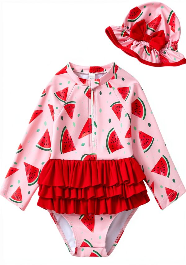 Baby Girl Swimsuit Stretchy Fabric Cute Ruffle Zip Up Hat-0