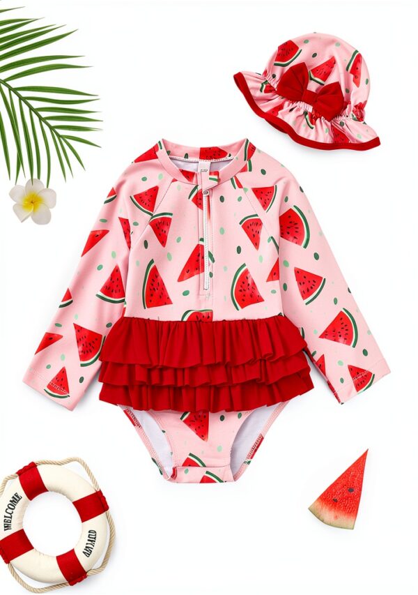 Baby Girl Swimsuit Stretchy Fabric Cute Ruffle Zip Up Hat-1