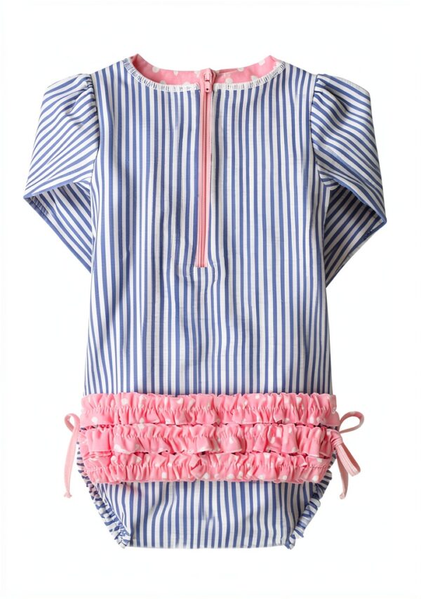 RuffleButts UPF 50 Baby Girl One Piece Swimsuits Seersucker-2