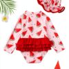 Baby Girl Swimsuit Stretchy Fabric Cute Ruffle Zip Up Hat-2