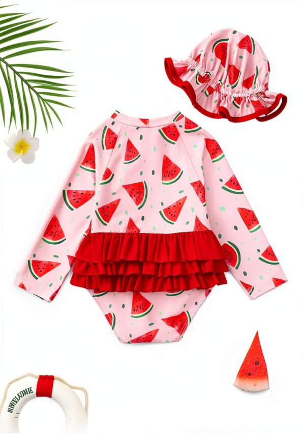 Baby Girl Swimsuit Stretchy Fabric Cute Ruffle Zip Up Hat-2